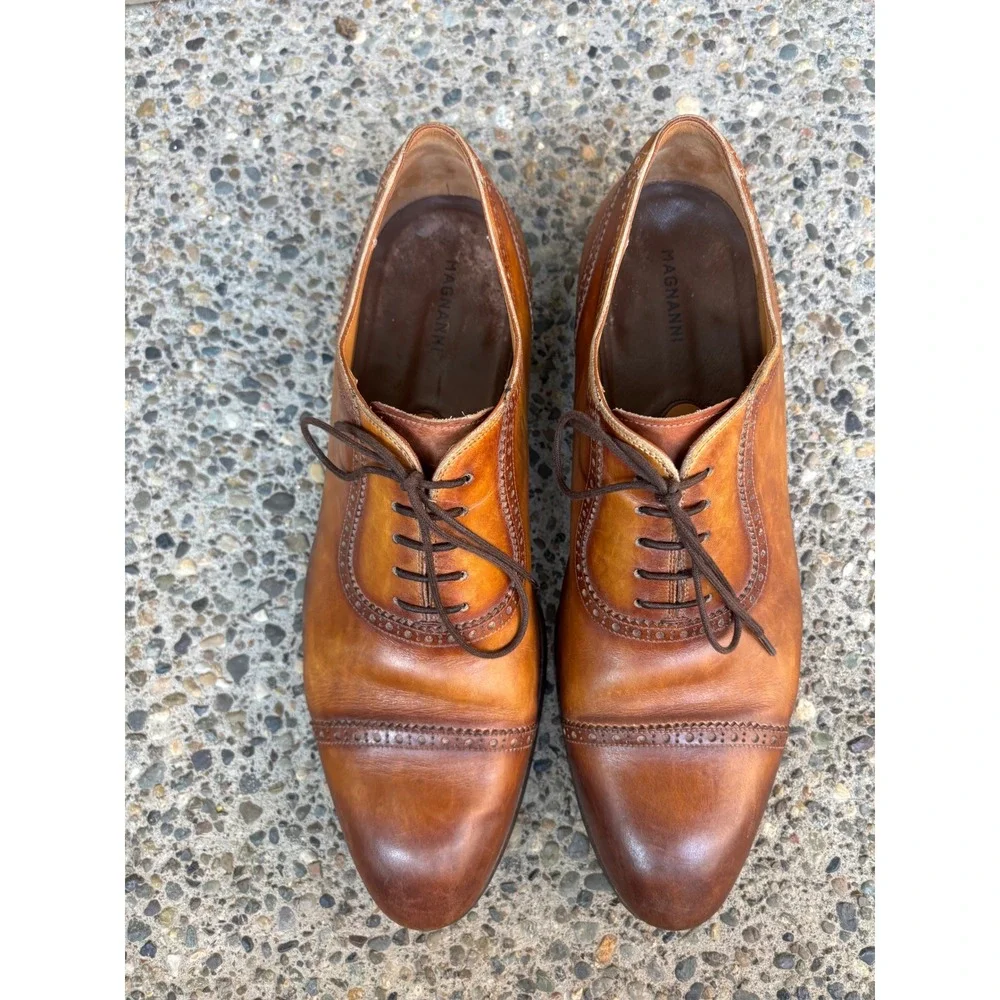 Magnanni 19099 Mens Cognac Hand Painted Leather Cap Toe Brogue Oxfords Size 11 M